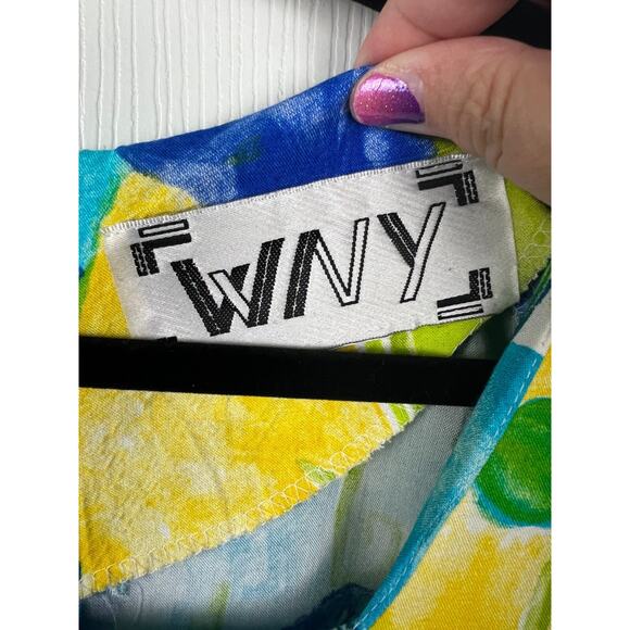 80s WNY Blue Yellow Colorful Short Sleeve Batik Print Dress Size 4/6 Small Rayon - Picture 3 of 7